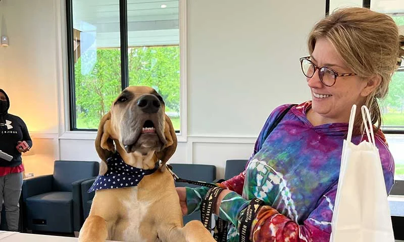A dog greeted in the CARE lobby
